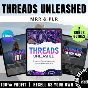 以下が含まれることがあります： 「Threads 101」、「Threads Unleashed」、「Threads: The Real Tea」というタイトルの3つの電子書籍をフィーチャーしたデジタル製品のモックアップ。電子書籍は、青い海と白い建物を背景にしたタブレットの画面に表示されています。画像の左上隅には「Editable with Canva」というテキストが表示されています。画像の下部には「Earn 100% Profit | Resell as Your Own」というテキストが表示されています。画像の右上隅には緑色の円の中に「2 Bonus Guides」というテキストが表示されています。