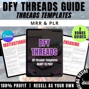 Puede incluir: Una maqueta de producto digital con un fondo azul y blanco. El producto es una guía digital para crear publicaciones de Threads. La guía incluye 50 plantillas y dos guías adicionales. El texto en la maqueta dice "DFY Threads Guide", "Threads Templates", "MRR & PLR", "Editable with Canva", "Motivational", "DFY Threads", "50 Threads Templates Ready to Post", "Engaging", "2 Bonus Guides", "Earn 100% Profit | Resell as Your Own", "Rising Desire The Rising Desire."