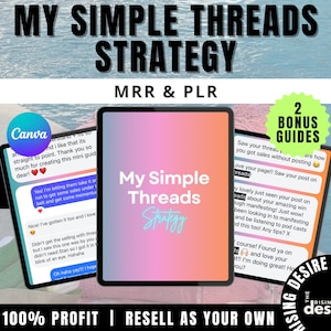 以下が含まれることがあります： 画面に「My Simple Threads Strategy」というテキストが表示されたピンクとブルーのデジタルタブレット。タブレットは、投稿せずに販売を獲得する方法に関するヒントが書かれたテキストバブルで囲まれています。画像の下部には「EARN 100% PROFIT | RESELL AS YOUR OWN」というテキストがあります。