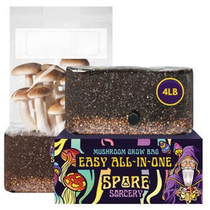 May include: A mushroom grow bag kit with a purple and black box featuring a cartoon wizard and the text "Spare Sorcery Easy All-In-One". The kit includes a clear plastic bag with a 4lb bag of mushroom substrate inside.
