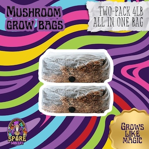 May include: Two 4-pound mushroom grow bags in clear plastic bags with brown mushroom substrate. The bags are labeled "Two-Pack 4LB All in One Bag".