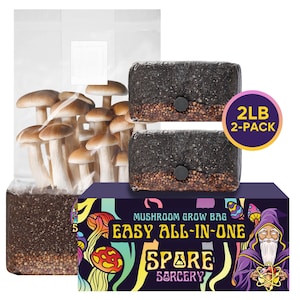 May include: Two 2-pound mushroom grow bags with a purple and black box featuring a cartoon wizard and the text "Easy All-In-One Spare Sorcery".