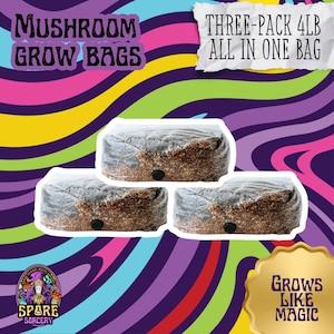 May include: Three 4-pound mushroom grow bags in clear plastic bags with brown substrate. The bags are labeled "THREE-PACK 4LB ALL IN ONE BAG".