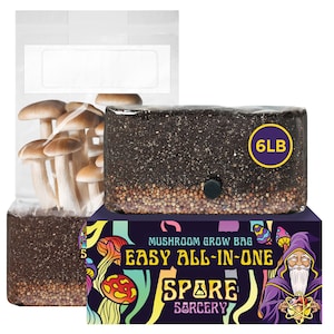 May include: A mushroom grow bag kit with a 6 lb bag of substrate, a clear plastic bag with mushrooms, and a colorful box with the text "Mushroom Grow Bag Easy All-In-One Spare Sorcery".