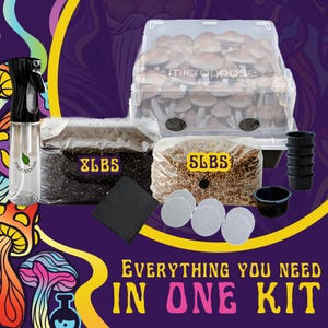 May include: A mushroom grow kit with everything you need to grow your own mushrooms. The kit includes a clear plastic container with a lid, a bag of grain spawn, a bag of vermiculite, a spray bottle, four filter patches, and four plastic containers. The kit also includes a black fabric bag and the text "Everything you need in one kit".