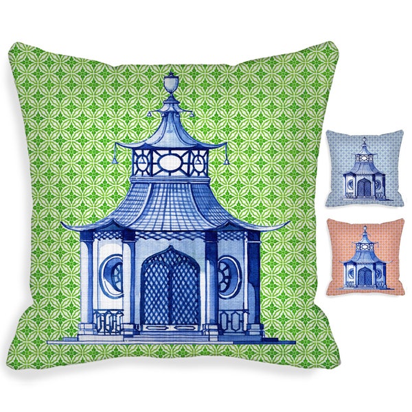 Indoor Outdoor Pagoda Pillow Cover  Asian Chinoiserie  18 x 18 inch  20x20 22x22 16x16  Hidden Zipper Closure  blue coral green, #1 MTO