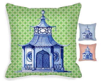 18 inch Indoor Outdoor Pagoda Pillow Cover  Asian Chinoiserie  18 x 18 18x18 Hidden Zipper Closure  blue  green #1 QCK