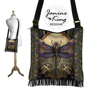 Art Nouveau Dragonfly Crossbody Bag Fabric Bag Small Crossbody Bags for Women Dragonfly Gifts Black Cross Body Purse Boho Shoulder Bag QCK image 4