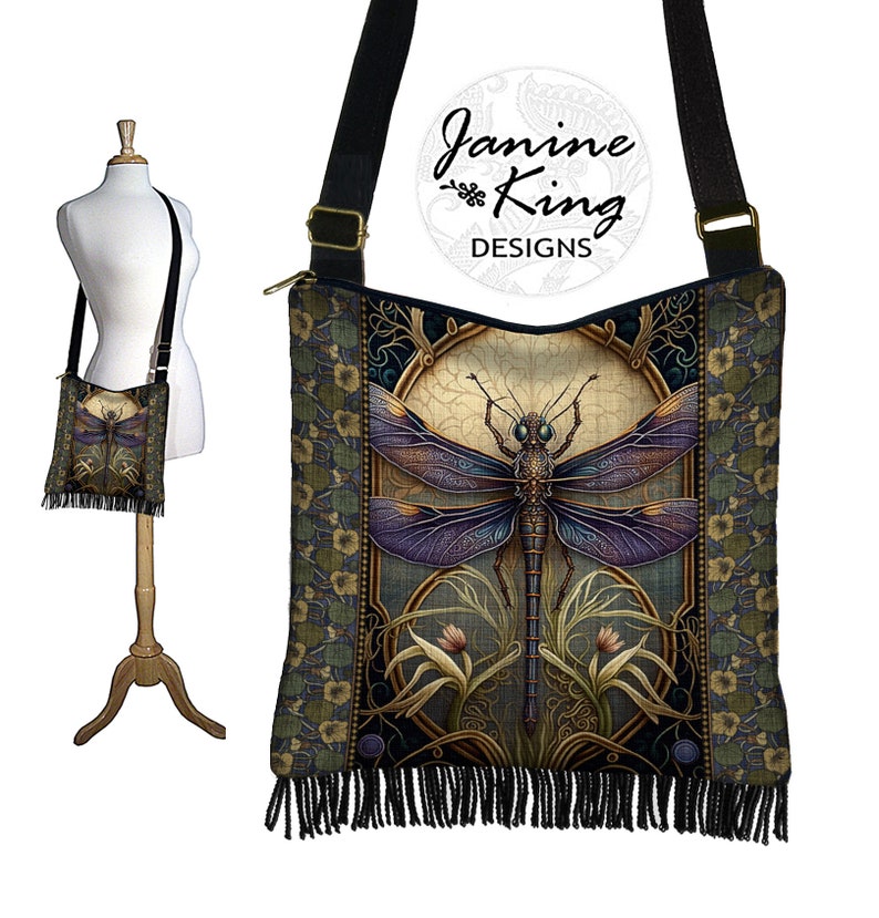 Art Nouveau Dragonfly Crossbody Bag Fabric Bag Small Crossbody Bags for Women Dragonfly Gifts Black Cross Body Purse Boho Shoulder Bag QCK image 4