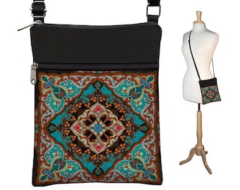 Bolsa transversal estilo boho, bolsa transversal de tecido boho, bolsa de ombro pequena com zíper, caleidoscópio mandala azul, laranja e vermelho (sob encomenda).