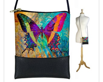 Butterfly Cross body bag, Boho sling bag, Cell phone purse,  Small shoulder bag, Art Nouveau, blue purple orange RTS
