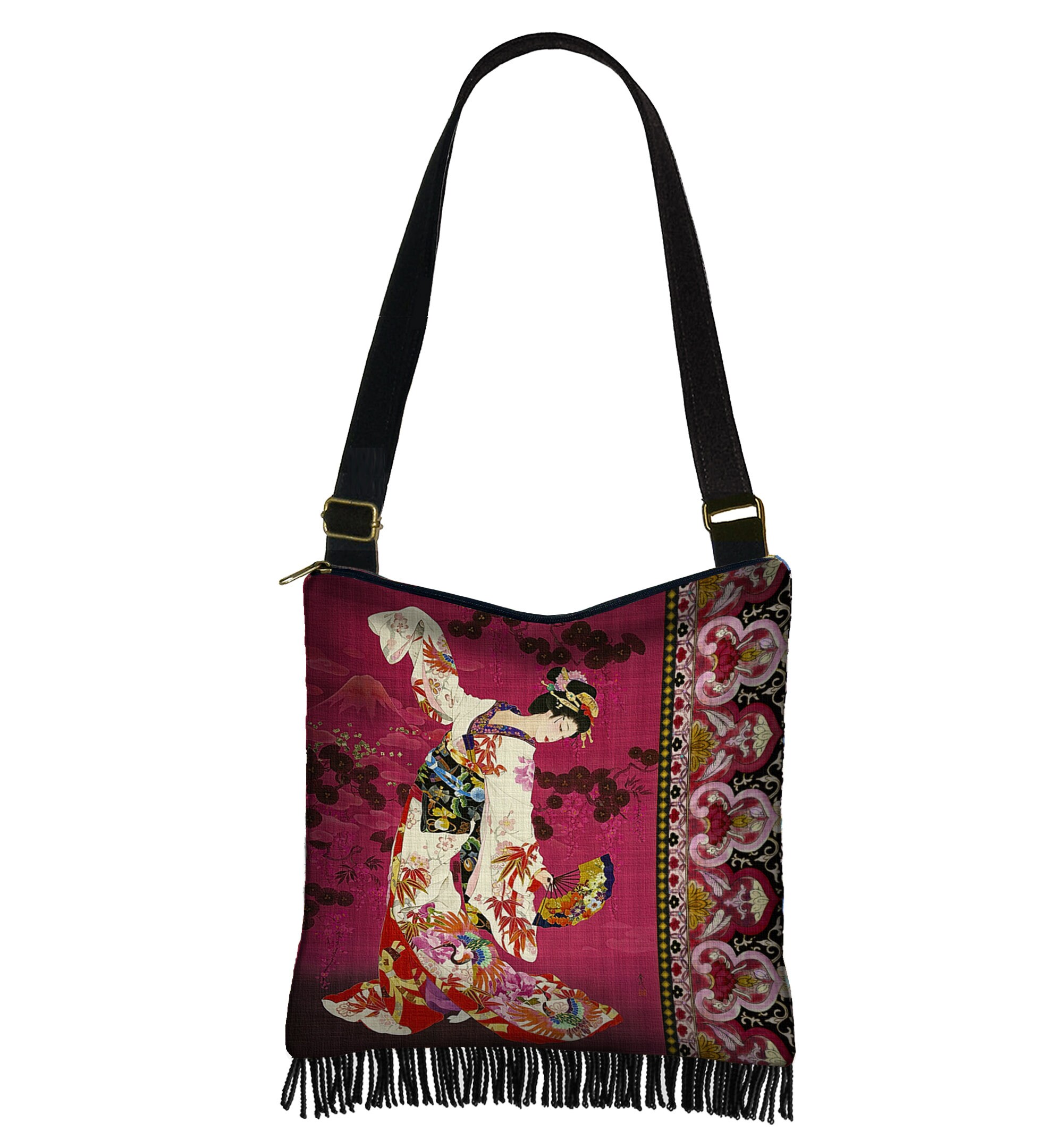Asian Art Geisha Hobo Bag With Zipper Boho Hippie Crossbody