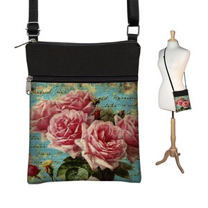 Bolso bandolera pequeño con diseño de postal de París, bolso bandolera, bolso de hombro, bolso de tela con rosas victorianas, bolso de viaje, bolso artístico, azul, rosa, negro, listo para usar.