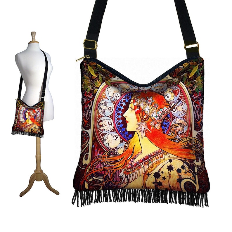Hippie Bag Hobo Purse Crossbody Slouch Bag Gyspy Boho Fringe Bag Alphonse Mucha Zodiac Art Nouveau Woman blue orange QCK image 2
