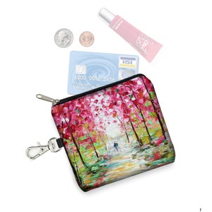 KT Romace Landscape Coin Purse Keychain  Small Zipper Pouch  Romantic Lovers Stroll Painting  Floral Key Fob Card Holder  pink green RTS
