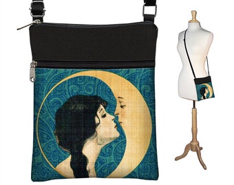 Kiss the Moon Fabric Handbags  Small Crossbody Bags for Women  Blue Bohemian Cross Body Purse  Travel Bag for eReader and Passport RTS