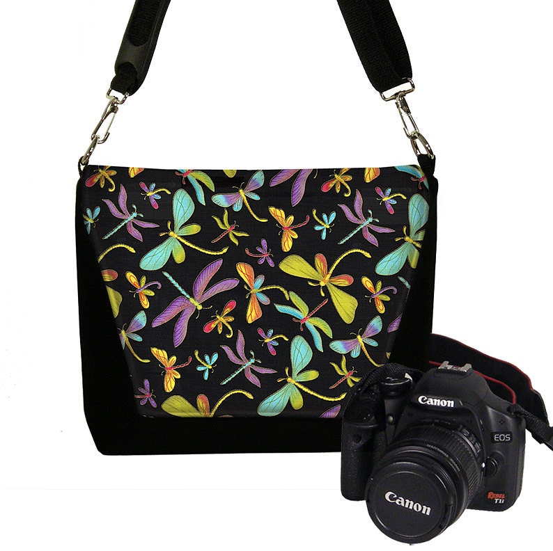 Digital Slr Camera Bag Purse for Women Nikon Canon DSLR Camera Case Pretty Dragonfly black purple blue yellow pink MTO
