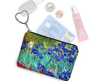 Small Zipper Pouch Coin Purse Keychain Key Fob Business Card Holder Purse Organizer Van Gogh Irises Floral fabric  blue orange green RTS