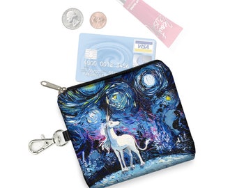 SG Unicorn Small Zipper Pouch Coin Purse Keychain Cute Unicorn Gifts Key Fob Van Gogh Starry Night Fabric Card Holder Blue Black RTS