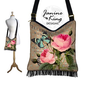 Bolso bandolera estilo hobo con diseño de rosas, estilo cottage chic, con estampado floral, estilo hippie con flecos, estilo mariposa, estilo postal parisino, estilo victoriano, con cremallera, listo para usar.