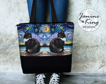 SG Tuxedo Cat Large Tote Bag w Pockets  Unique Cat Gifts  Canvas Tote Bag w Zipper  Bohemian Diaper Bag  Van Gogh Starry Night Art Bag RTS