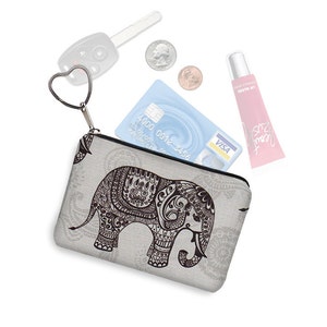 Llavero con forma de elefante, monedero, llavero, billetera, estuche pequeño con cremallera, tarjetero, organizador de cartera, estampado de cachemira, gris y negro, RTS
