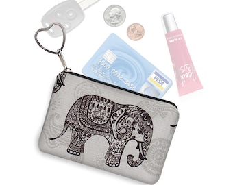 Elephant Keychain Fob Coin Purse Key Chain Wallet Small Zipper Pouch Business Card Case Purse Organizer paisley gray black RTS