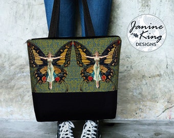 Large Tote Bag with zipper and pockets  Art Nouveau Flapper Butterfly Canvas Tote Bag for Women  Teacher Gift  Cool Diaper Bag  Art Deco RTS