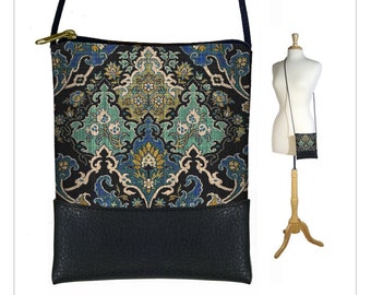 Bolso bandolera pequeño estilo bohemio, bolso bandolera para teléfono móvil, bolso de hombro bohemio, bolso bandolera de tela estilo alfombra vintage, azul, negro, aguamarina, RTS