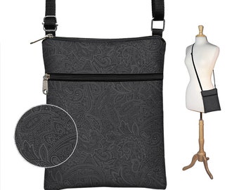 Subtle Paisley Fabric Handbag fits iPad Mini   Black Crossbody Bag  Cross Body Purse   Travel Bag   Small Shoulder Bag  zipper pocket QCK