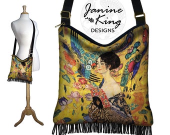 Bohemian Hippie Bag  Hobo Purse  Crossbody Bag  Gustav Klimt Print Fabric Bag  Lady with a Fan  Gyspy Boho Fringe Bag, Handbags Women QCK
