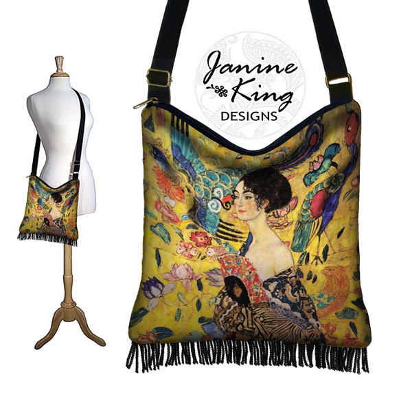 Bohemian Hippie Bag  Hobo Purse  Crossbody Bag  Gustav Klimt Print Fabric Bag  Lady with a Fan  Gyspy Boho Fringe Bag, Handbags Women RTS