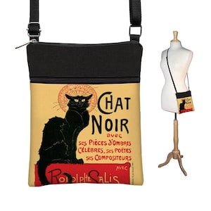 Small Crossbody Bag  Le Chat Noir Purse  Cross Body Purse  Shoulder Bags for Women  Boho Fabric Handbags  Black Red Yellow Art Bag RTS