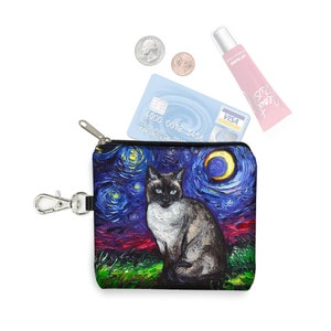 SG Gato Siamês Pequeno Zíper Bolsa Moeda Chaveiro Amante de Gatos Presente Chaveiro Noite Estrelada Tecido Porta-Cartões Lua Azul Celestial RTS