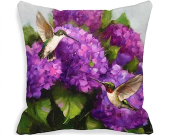 Hummingbird Hydrangea Indoor Outdoor Pillow Cover with Zipper   Hummingbird Lover Gifts  purple blue orange red  16x16  18x18  20x20 MTO