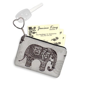Elephant Keychain Fob Coin Purse Key Chain Wallet Small Zipper Pouch Business Card Case Purse Organizer paisley gray black RTS image 2