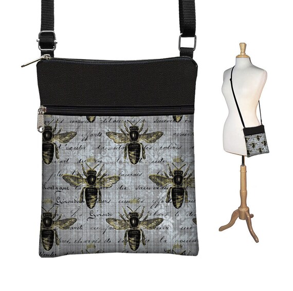 Crossbody Bag  Bohemian Bag  Neo-classical Bee Fabric Purse  Cross Body Purse  Boho Handbags  Small Shoulder Bag, gray black damask RTS