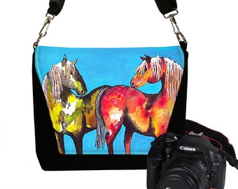 Clara Nilles Digital SLR Camera Bag for Women Camera Bag Purse Horses Zipper Padded Deluxe Painted Ponies cute turquoise RTS