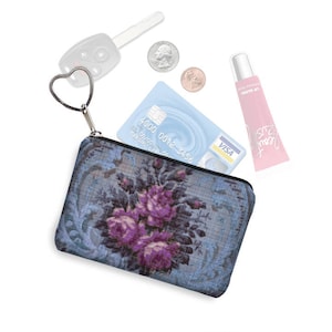 Klein zakje met rits Portemonnee sleutelhanger sleutelhanger Boho-visitekaartjehouder portemonnee Organizer Victoriaanse bloemen Franse rozen blauw violet RTS