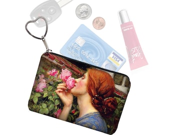 Small Zipper Pouch Coin Purse Keychain Key Fob Boho Business Card Holder Waterhouse Soul of the Rose Art Nouveau Ginger Woman  blue pink RTS