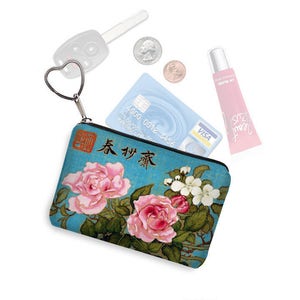 Porta-cartão de crédito com tecido floral japonês, chaveiro, bolsa para troca, porta-cartão de visita, pequeno, zíper, porta-moedas, chaveiro, pássaro, azul, rosa, rosas, RTS
