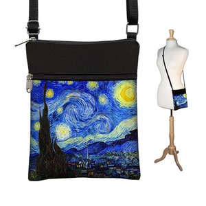 Small Cross Body Purse in Starry Night  Hipster Crossbody Bag  Sling Shoulder Bag   eReader case cover   blue yellow black RTS