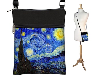 Small Cross Body Purse in Starry Night  Hipster Crossbody Bag  Sling Shoulder Bag   eReader case cover   blue yellow black RTS