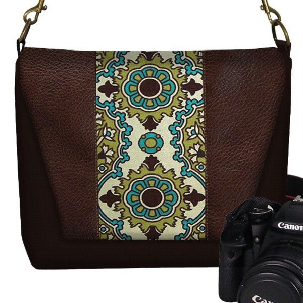 Ready to Ship - Deluxe DSLR Camera Bag Case Chocolate Faux Leather Medallion Canvas