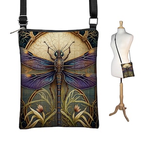 Sac à bandoulière Art nouveau libellule Sac en tissu Petits sacs à bandoulière pour femme Cadeaux libellule Sac à main bandoulière noir Boho Sac à bandoulière QCK image 1