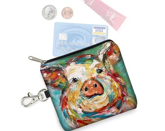 KT Impressionist Art Pig Coin Purse Keychain Small Zipper Pouch Cute Pig Gifts Colorful Key Fob Card Holder Pig Purse Organizer RTS