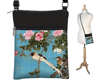 Small Crossbody Bag  Cross Body Purse  Shoulder Bags for Women  Fabric Handbags  Passport Wallet  Japanese Art bag Asian Bird blue pink MTO