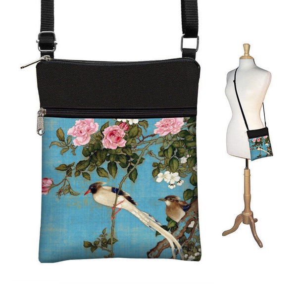 Small Crossbody Bag  Cross Body Purse  Shoulder Bags for Women  Fabric Handbags  Passport Wallet  Japanese Art bag Asian Bird blue pink RTS