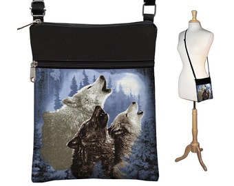 Howling Wolf Moon Crossbody Bag Sling Purse for Men or Women Small Shoulder Bag Fabric Handbag Travel Organizer blue gray black QCK