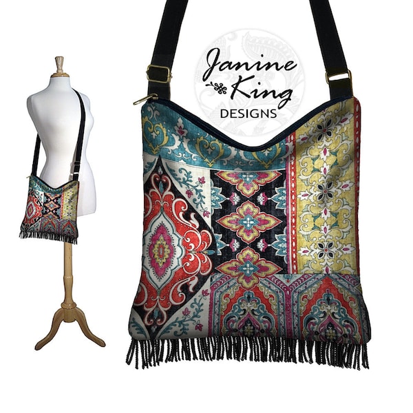 Colorful Kilim Fabric Bag Hobo Bag Purse Bohemian Fringe Purse Crossbody Bag Boho Hippie Bag blue red magenta chartreuse magenta black RTS